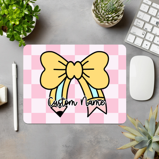 Pencil Bow w/Pink Checkered Background Personalized Mouse Pad