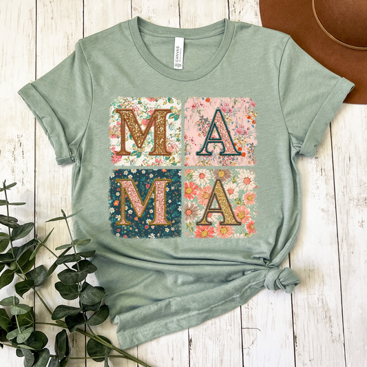 Mama (Floral Boxes) w/ Faux Glitter/Embroidery  Letters Full Color DTF Transfer