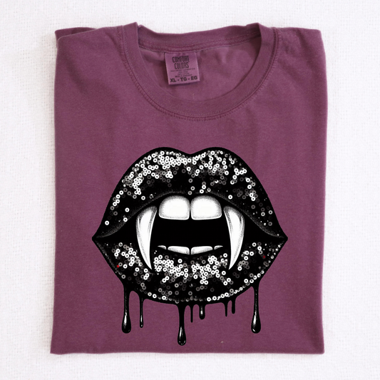 Black Faux Sequin Vampire Lips Full Color DTF Transfer