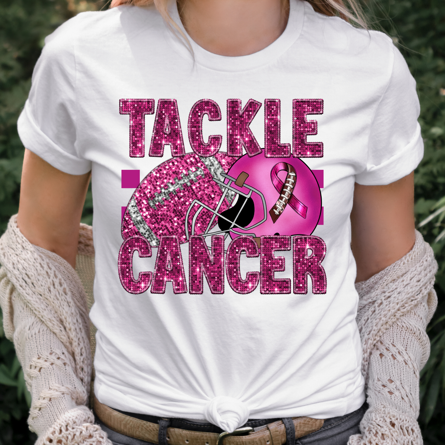 Tackle Cancer (Faux Embroidery w/Sequins) Full Color DTF Transfer