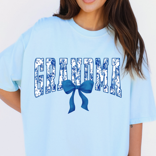 Blue Floral Grandma w/Bow Full Color DTF Transfer