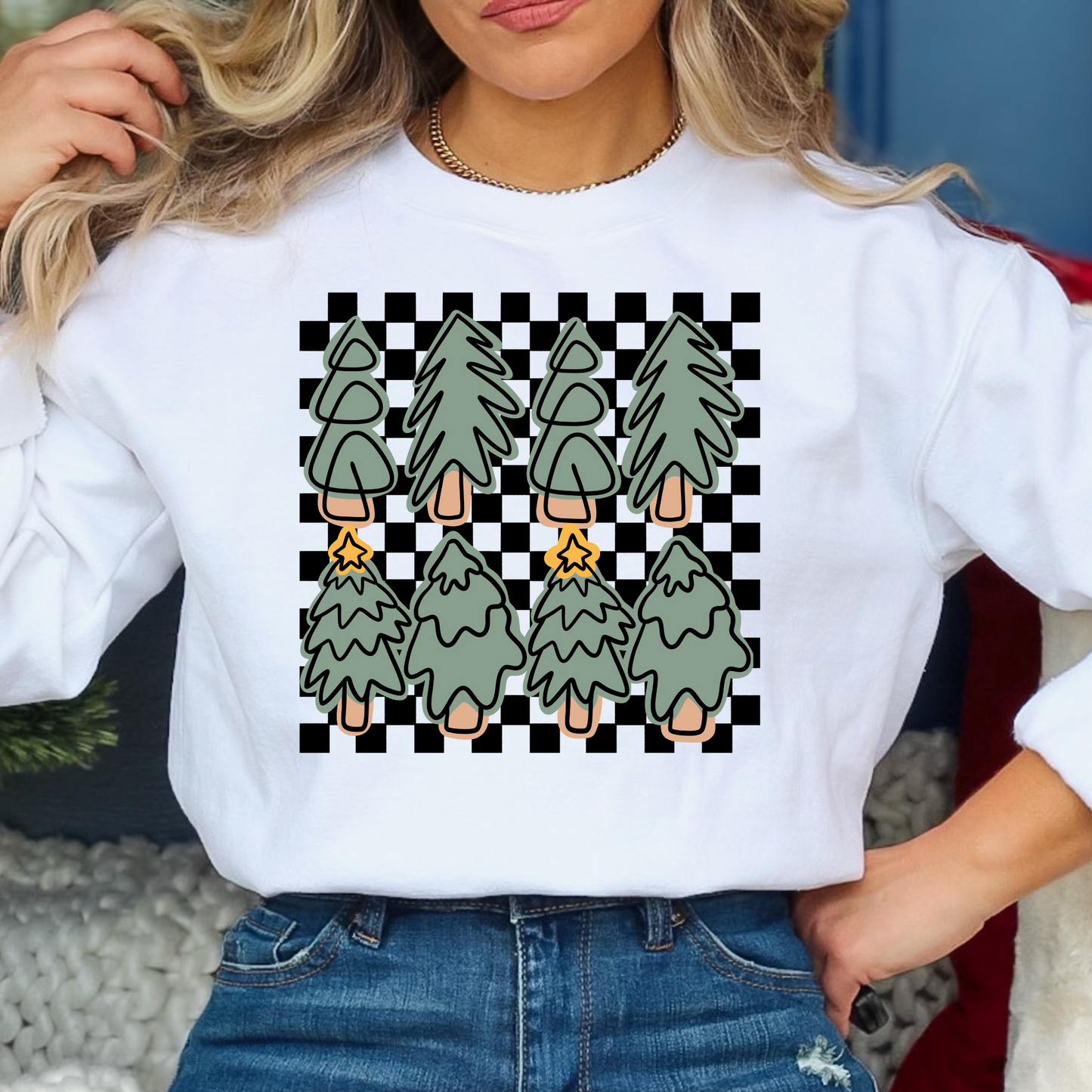 Hand Drawn Trees w/Checkered Background Full Color DTF Transfers