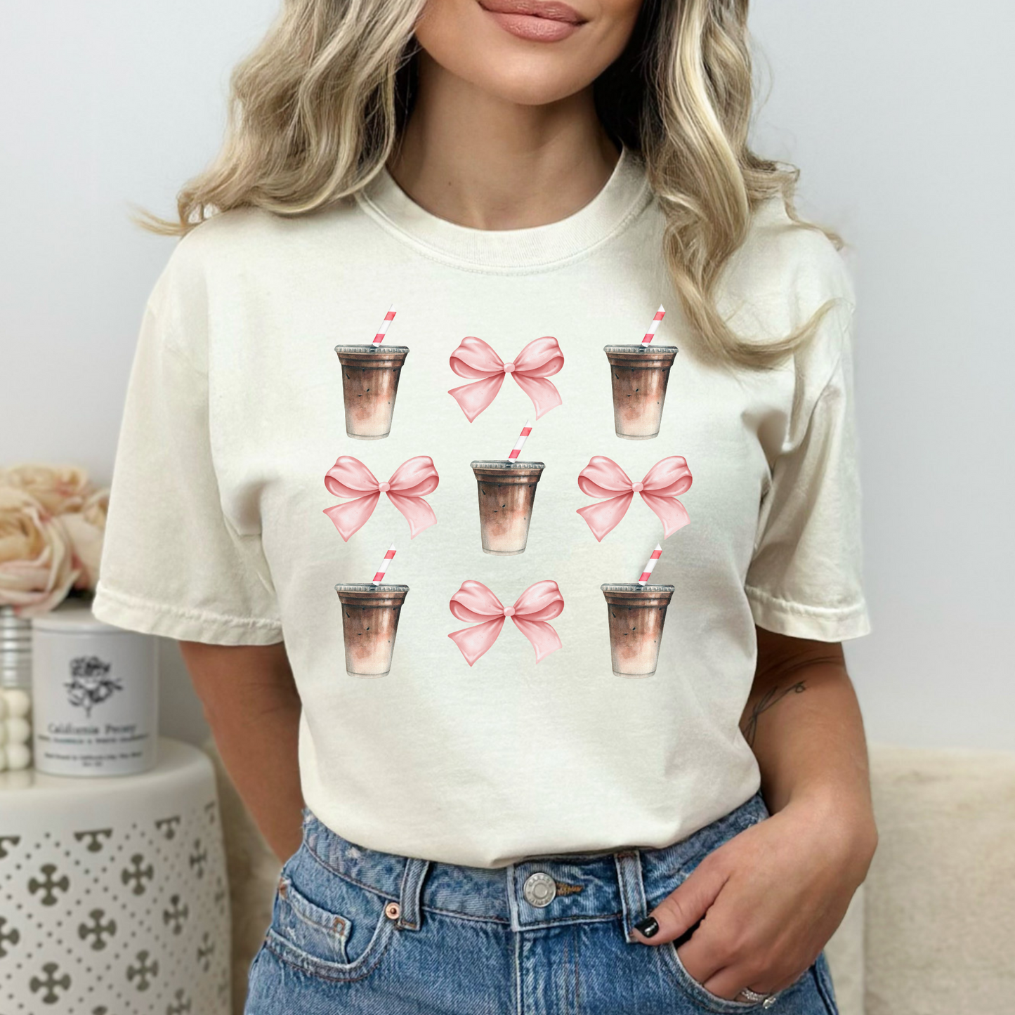 Iced Coffee and Bows Coquette Full Color DTF Transfer