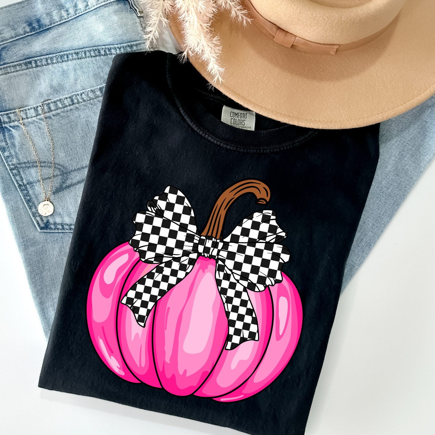 Pink Pumpkin w/Checkered Bow Full Color DTF Transfer