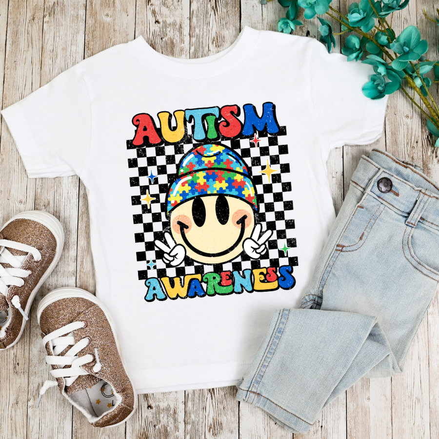 Autism Awareness Smiley Face/Checkered Full Color DTF Transfers