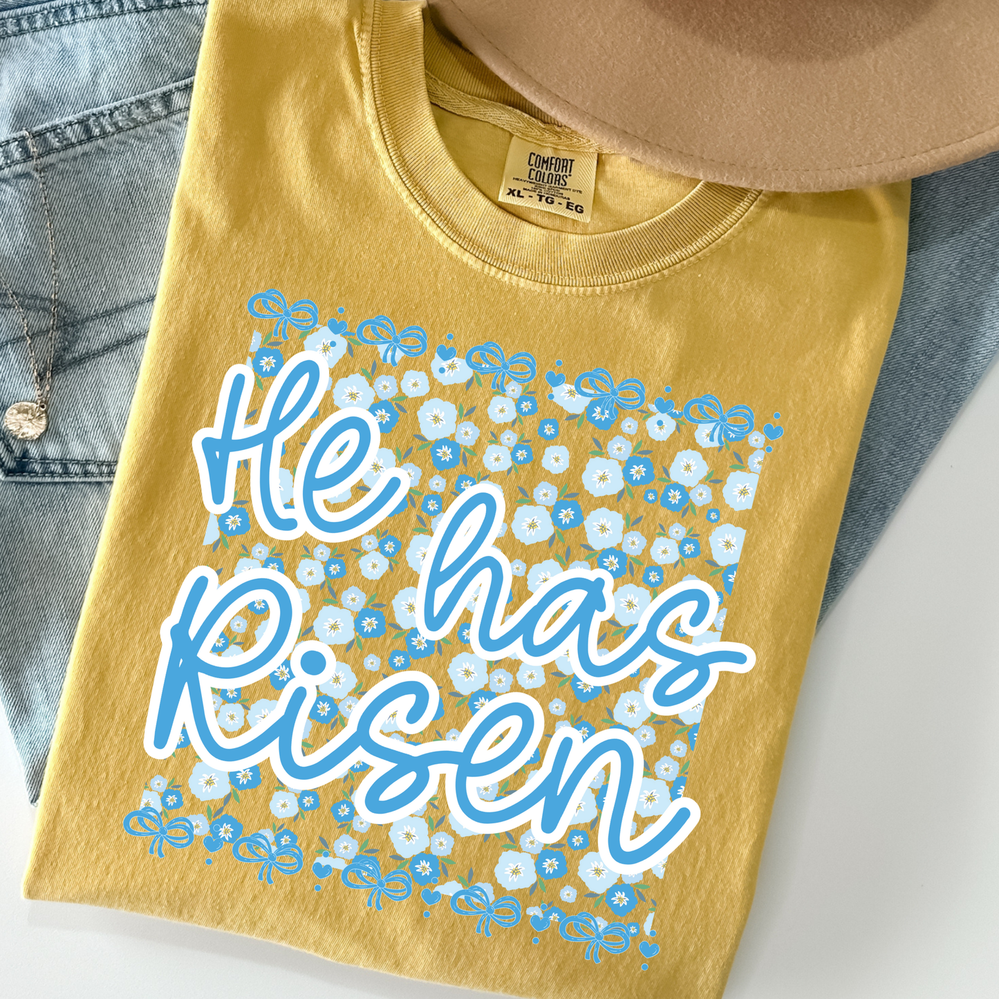 He Is Risen (Blue Floral Background) Full Color DTF Transfer