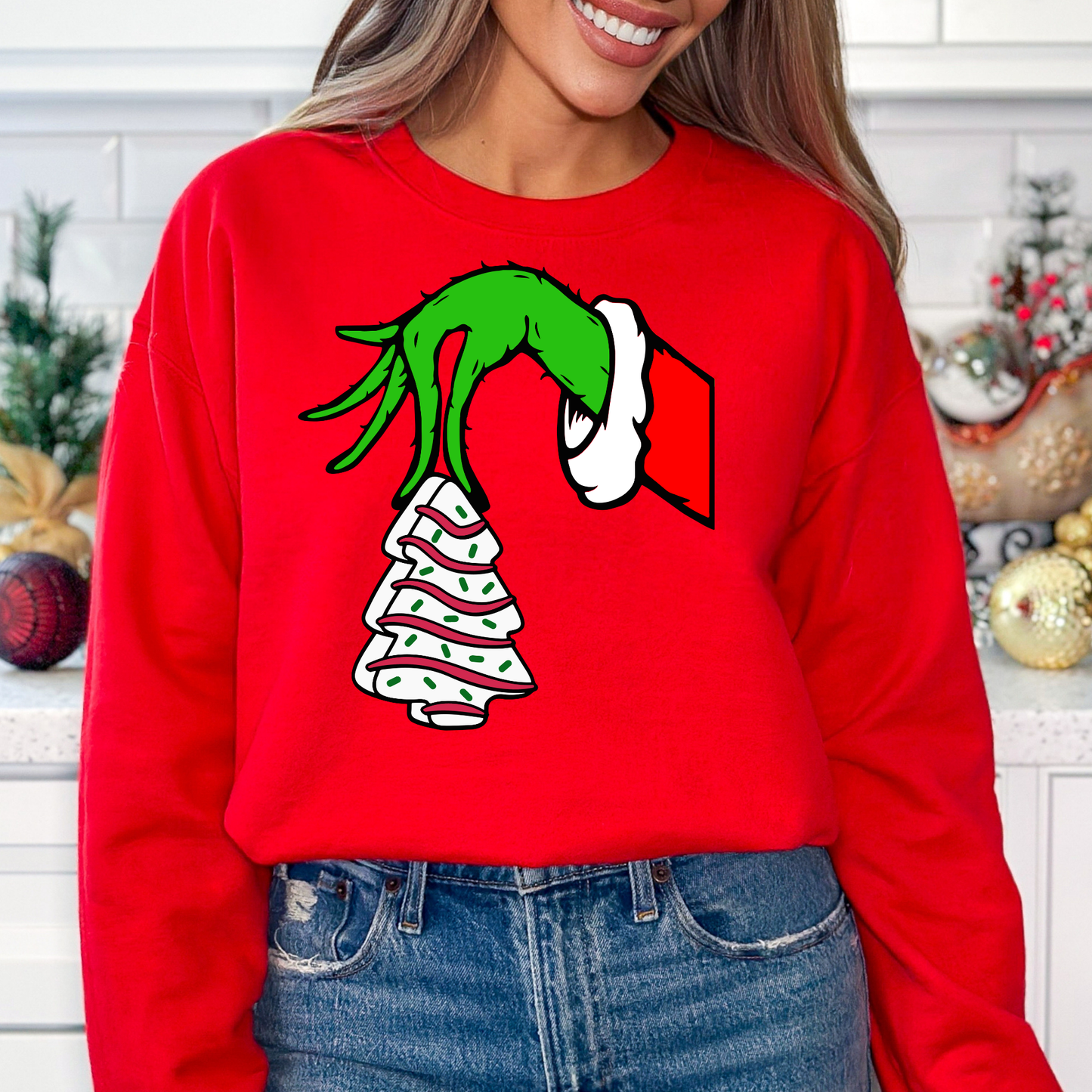 Grinch Hand Holding Christmas Cake Full Color DTF Transfer