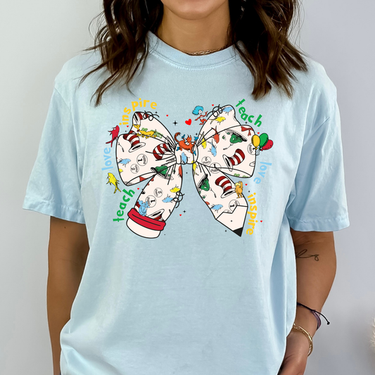 Pencil Bow Teach Love Inspire Dr. Seuss (Read Across America Day) Full Color DTF Transfer