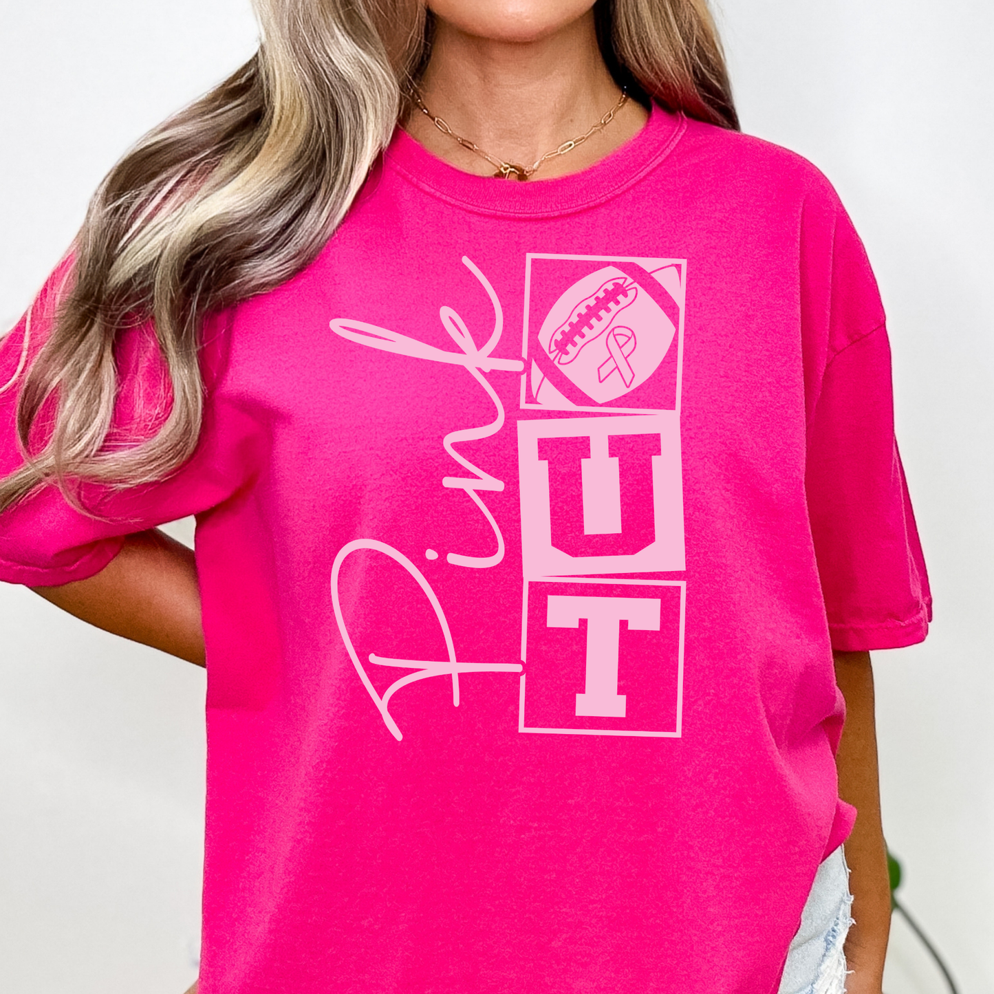 Pink Out Football - Stacked  (Breast Cancer Awareness) Full Color DTF Transfer
