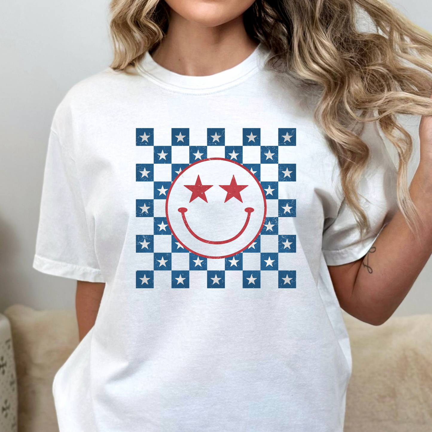 Checkered w/Red Star Eyes Smiley Face Full Color DTF Transfer