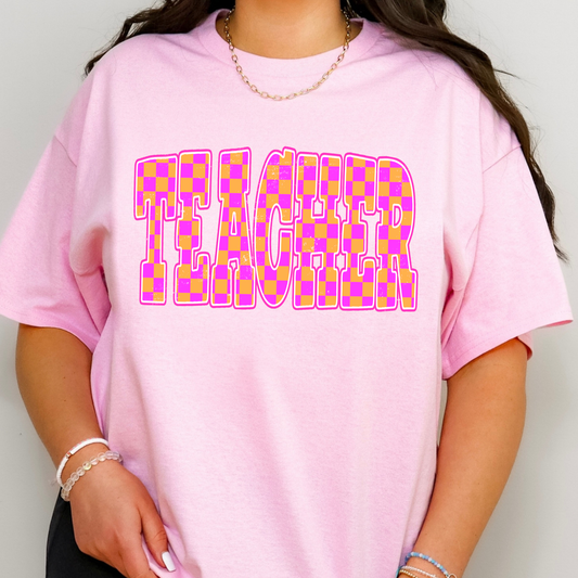 Pink Checkered Teacher Full Color DTF Transfer