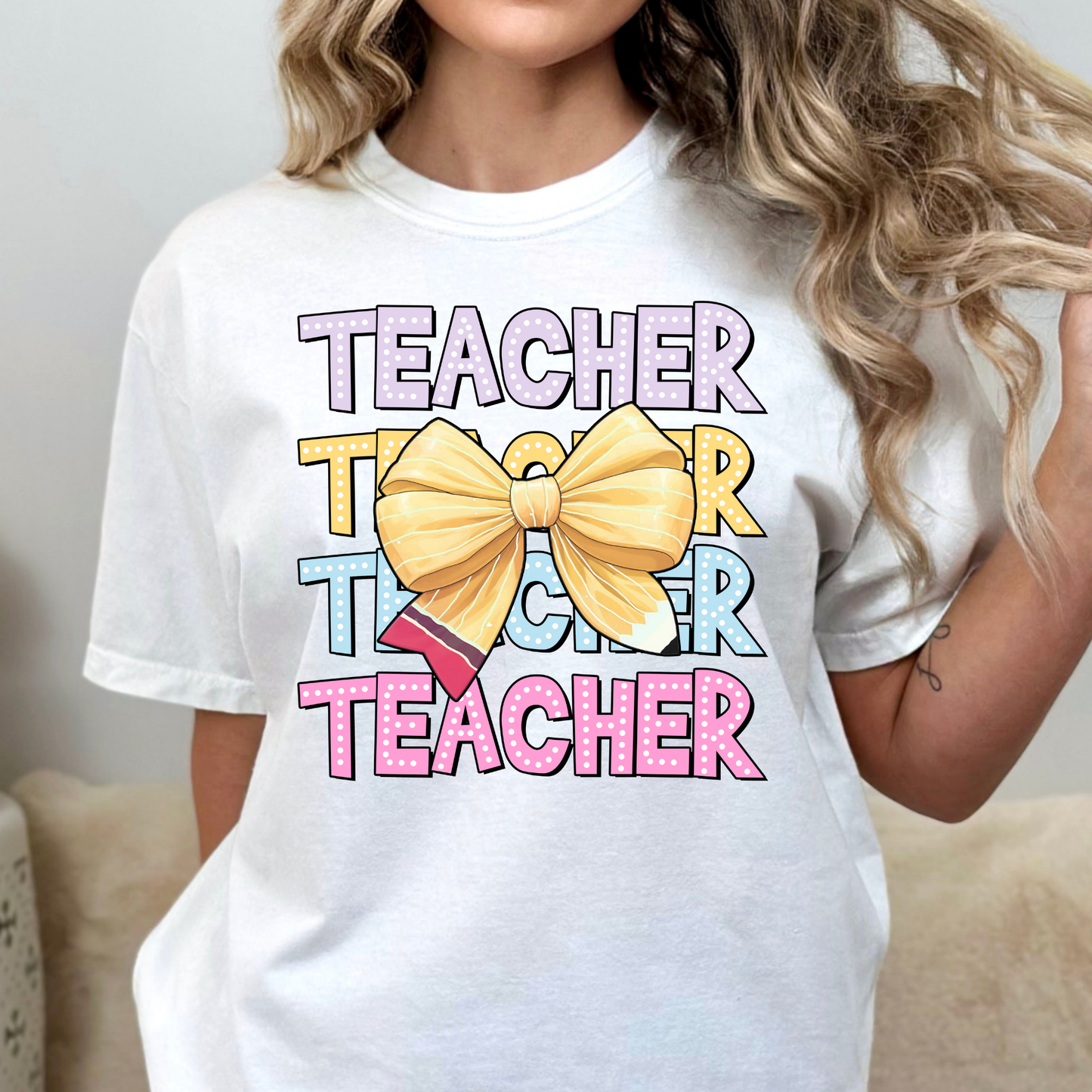 Teacher (Repeat) With Bow Pencil Full Color DTF Transfer