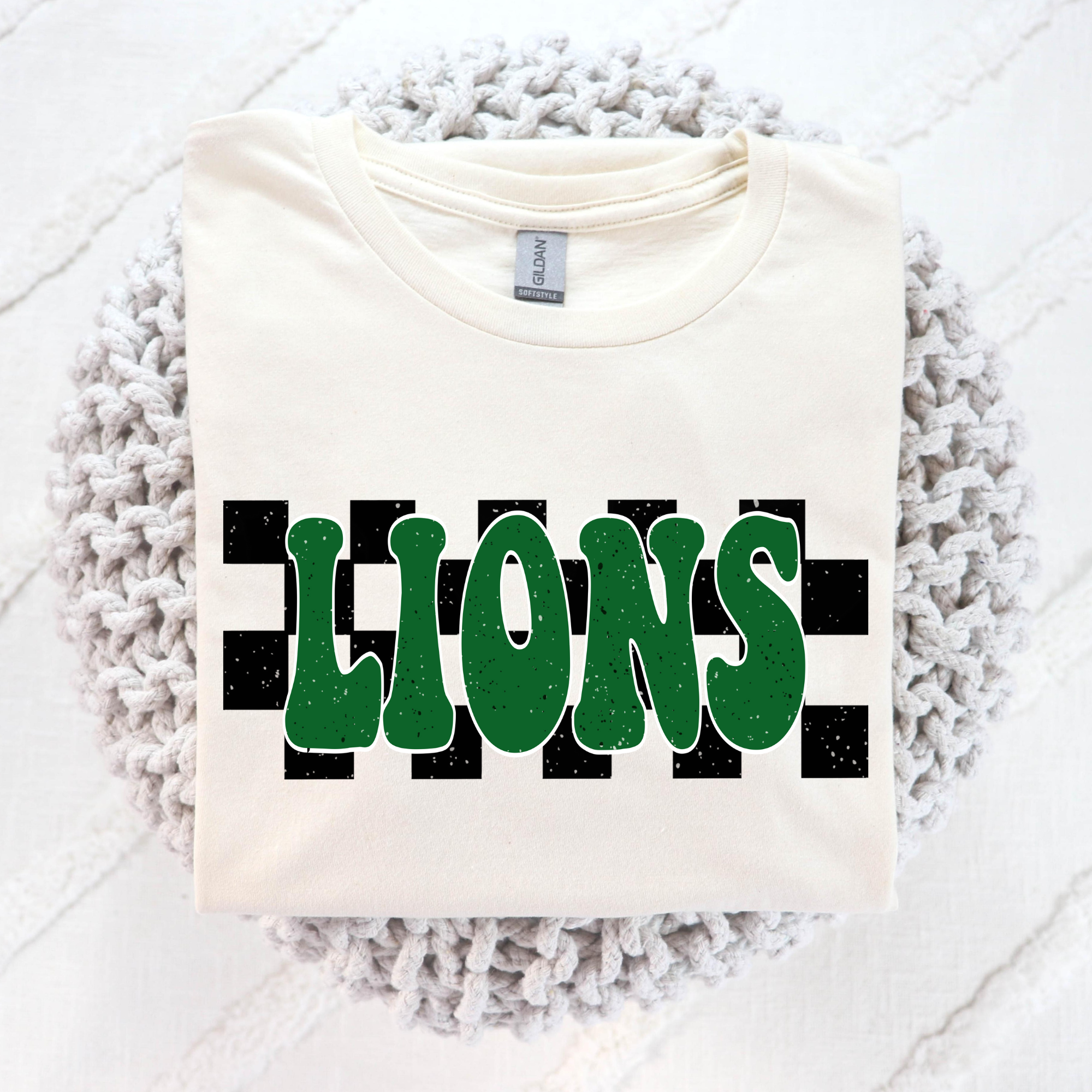 Lions (Green Letters w/Checkered Background) Full Color DTF Transfer ...