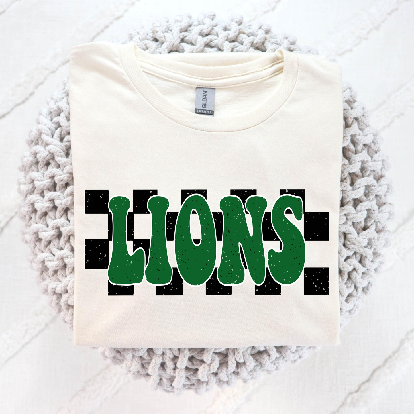 Lions (Green Letters w/Checkered Background) Full Color DTF Transfer