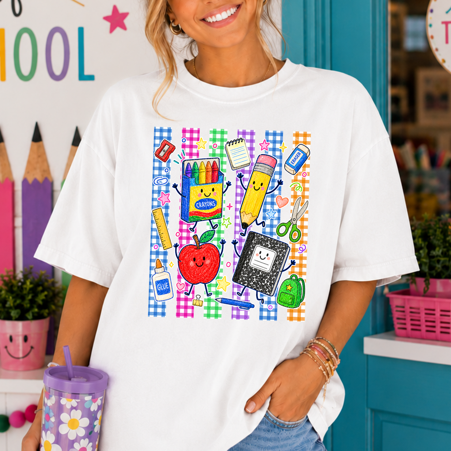 Teacher Doodle Icons (Gingham Colorful Background) Full Color DTF Transfer
