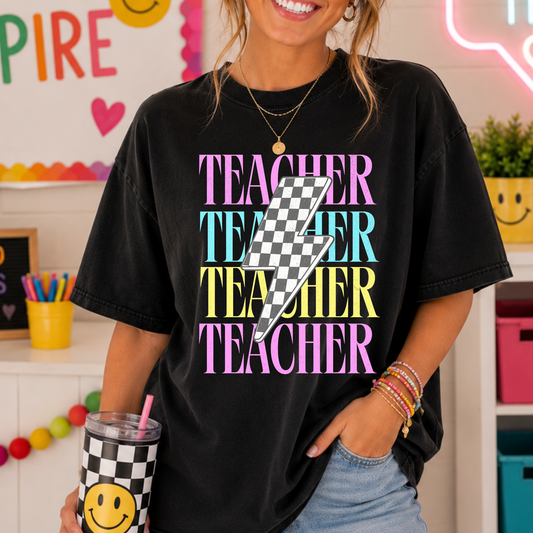 Colorful Teacher w/Checkered Lightening Bolt Full Color DTF Transfer