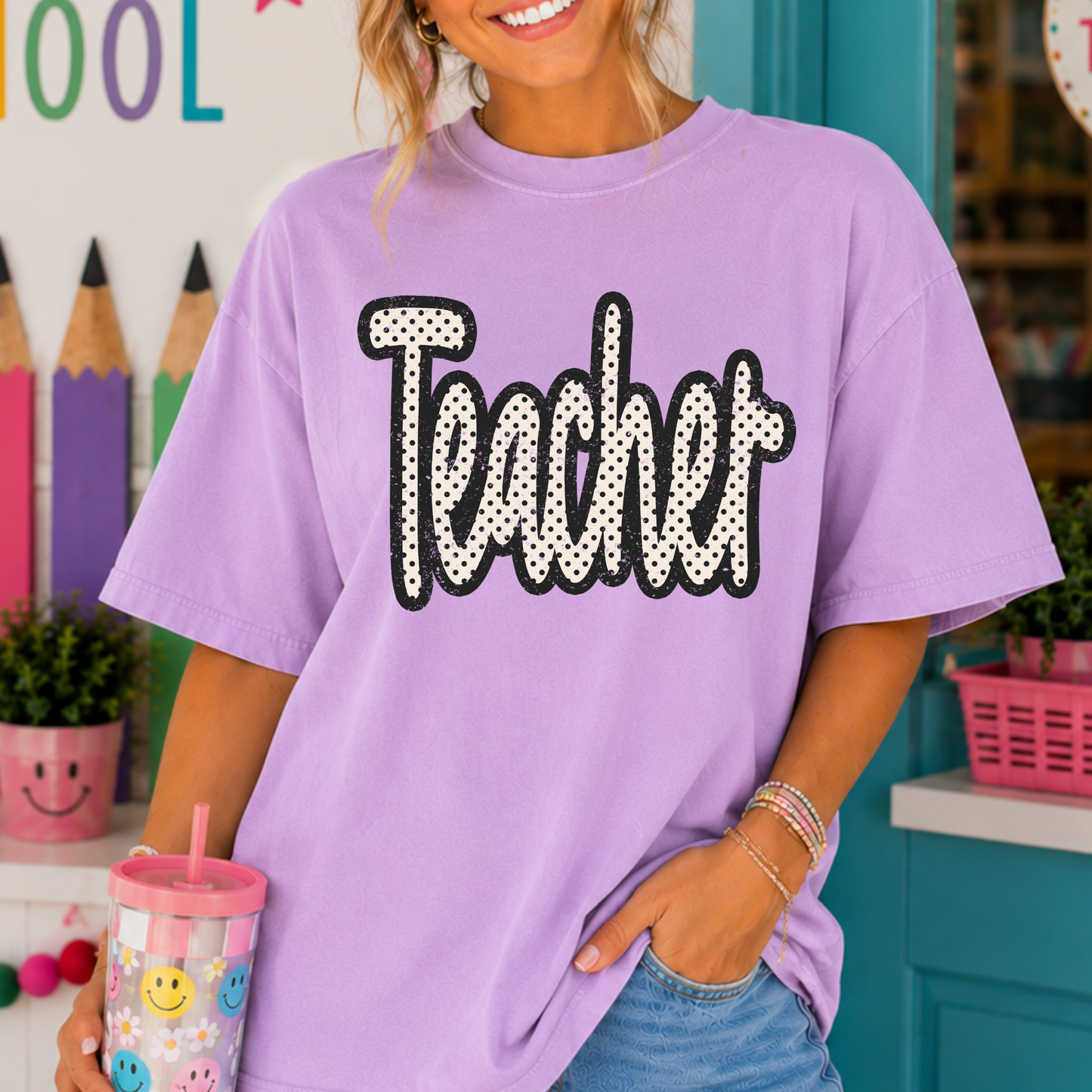 Polka Dot Teacher (Script) Full Color DTF Transfer