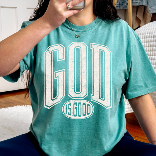 God Is Good (Varsity Tall/Distressed) Full Color DTF Transfer