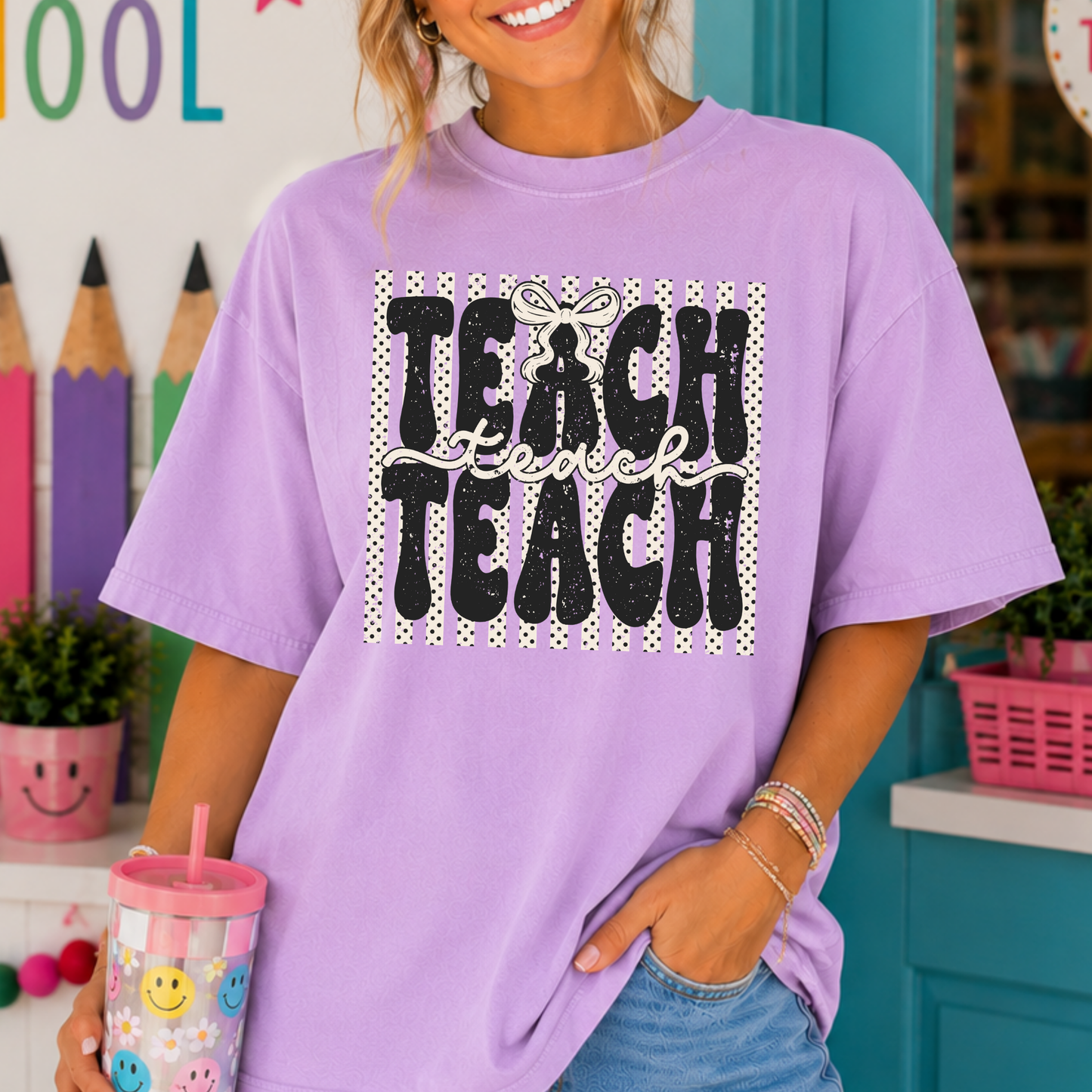 Teach (Polka Striped Background) Full Color DTF Transfer