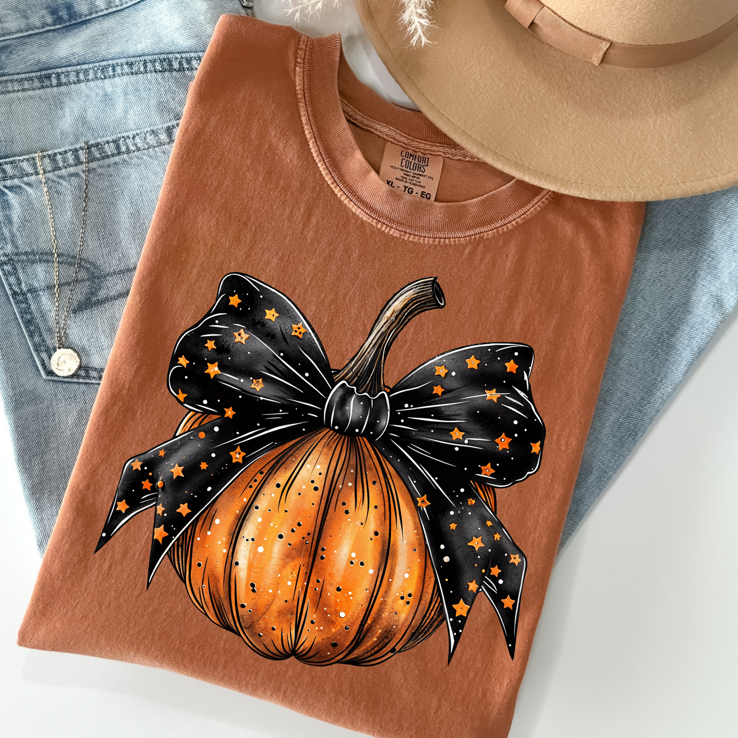 Pumpkin w/ Black Bow and Stars Full Color DTF Transfer