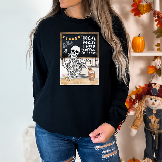 Hocus Pocus I Need Coffee To Focus Skelton Teacher Full Color DTF Transfer