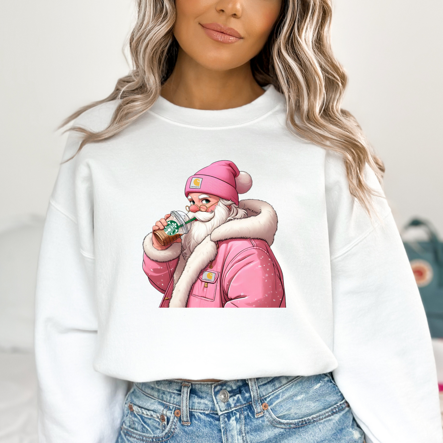 Santa In Puffer Jacket w/Coffee and Beanie Full Color DTF Transfer