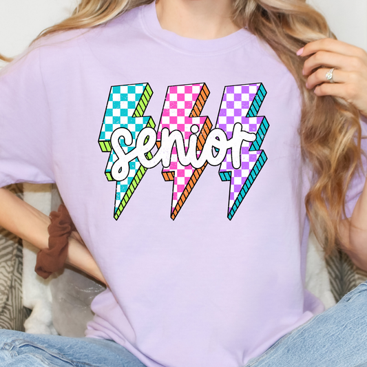 Senior Multi Color Checkered Lighting Bolts Full Color DTF Transfer