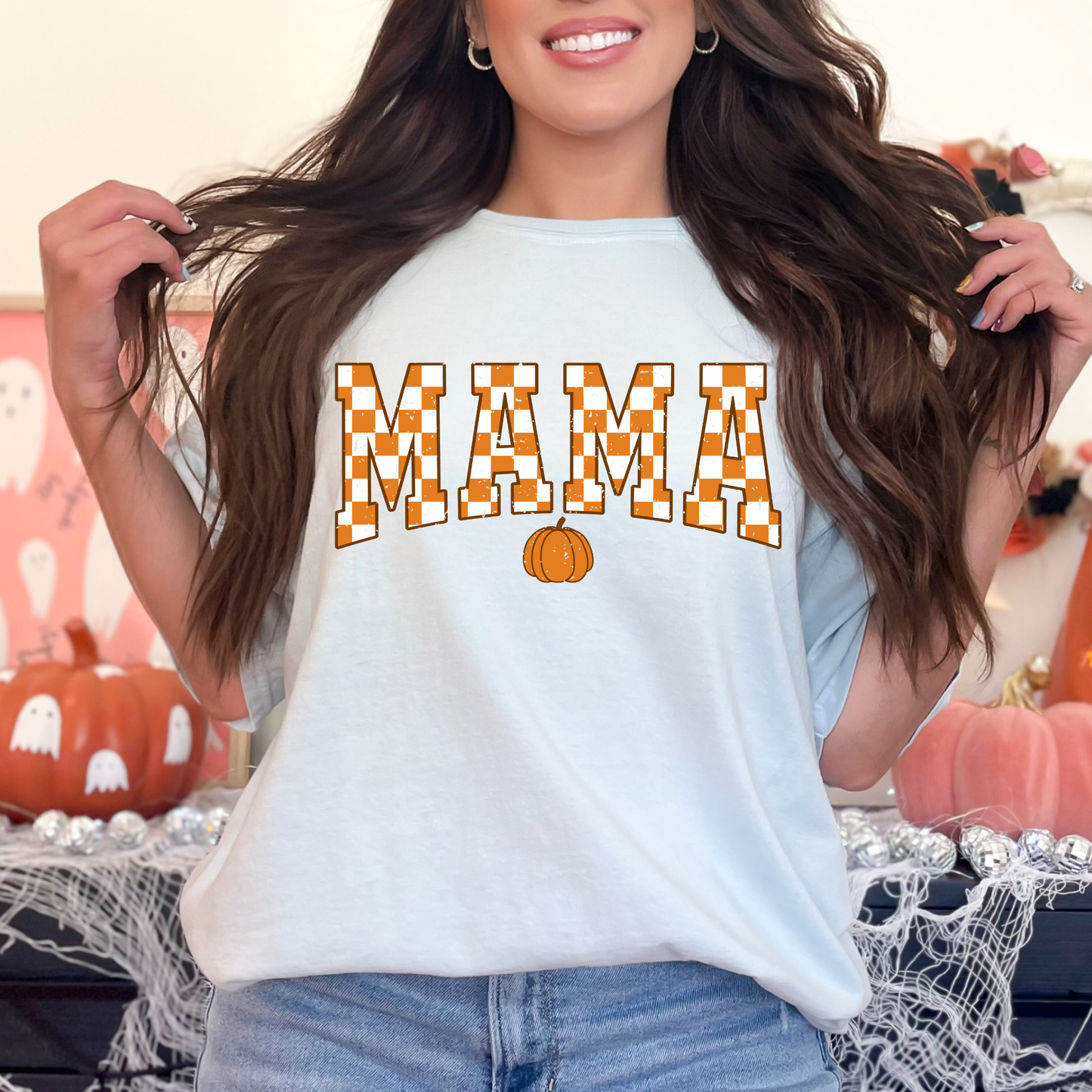 Mama Checkered w/Pumpkin Full Color DTF Transfer