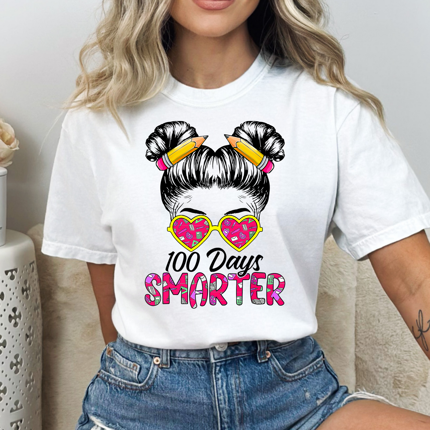 100 Days Smarter (Girl w/Hair Buns) Full Color DTF Transfer