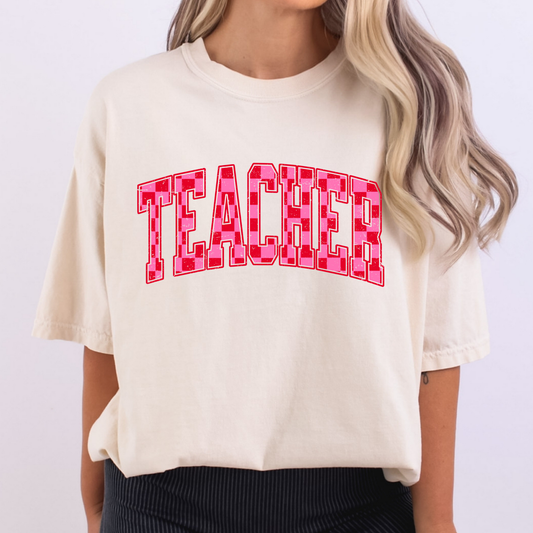 Pink Checkered Teacher Full Color DTF Transfer
