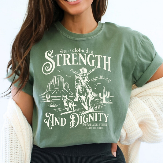 She Is Clothed In Strength And Dignity Proverbs 31:25 Full Color DTF Transfer