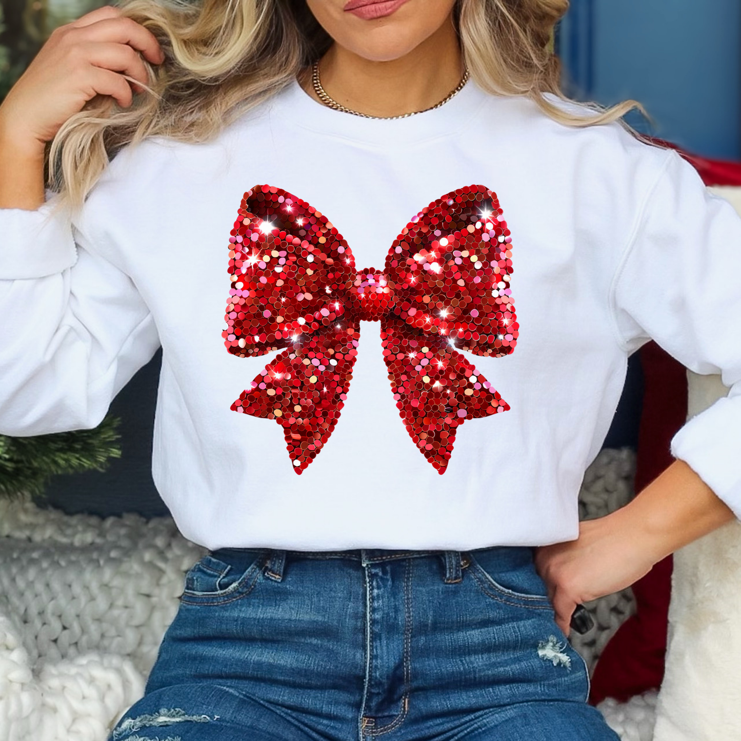 Red Faux Sequin Bow Full Color DTF Transfer