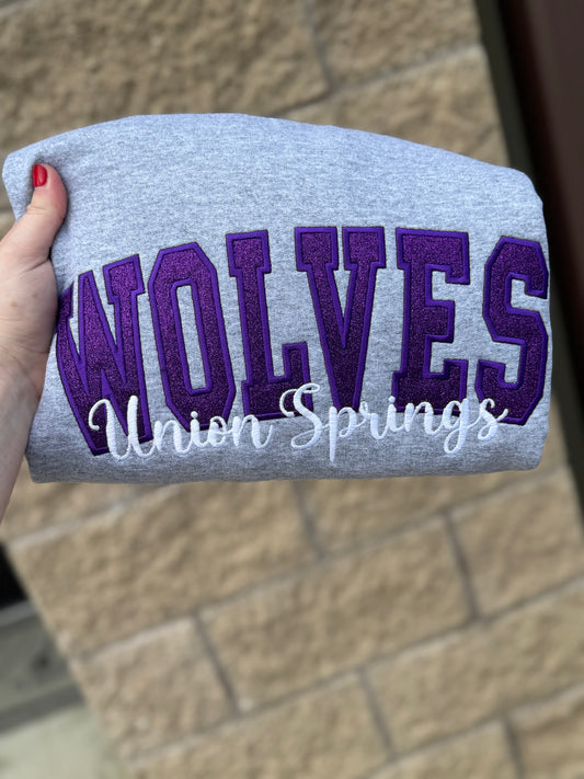 Glitter Appliqué w/Script Under Embroidered Sweatshirt/T-Shirt