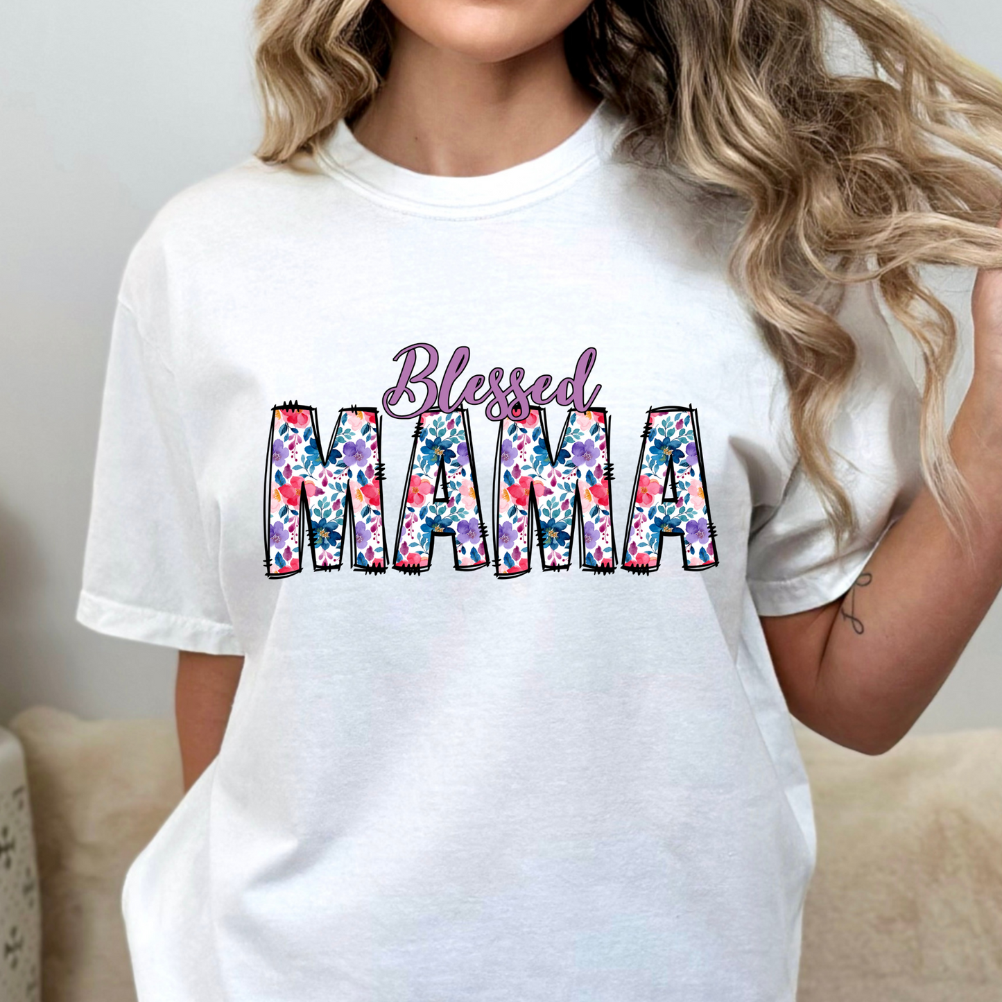 Blessed Mama (Purple Floral - CUSTOMIZABLE) Full Color DTF Transfer