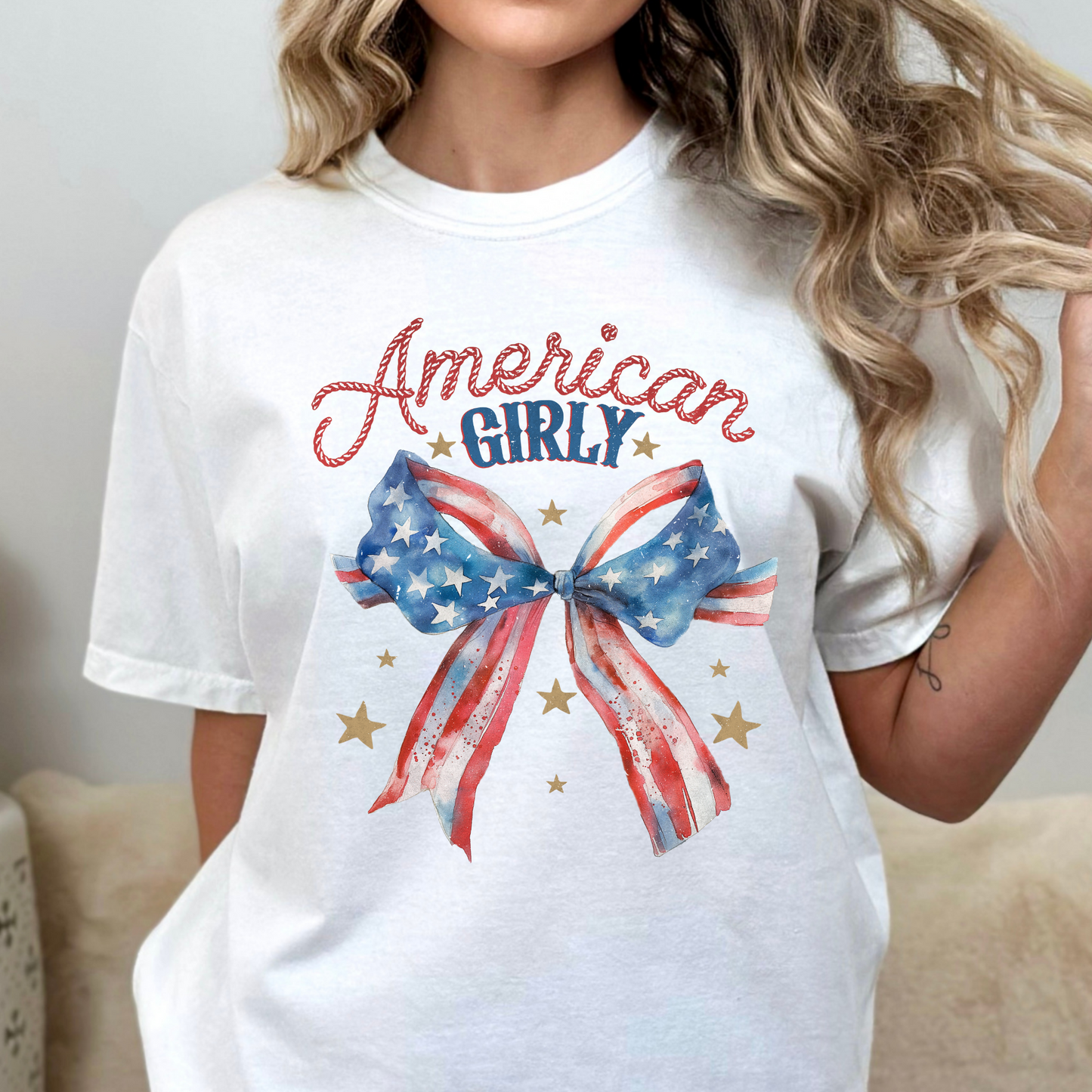 American (Rope Text) Girly w/ Bow Full Color DTF Transfer