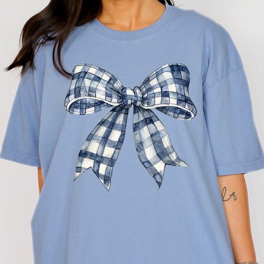 Blue Checkered Bow Full Color DTF Transfer