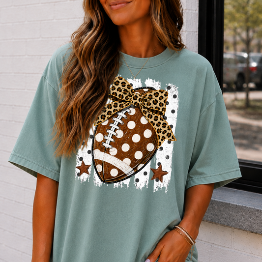 Football w/Leopard Bow - Polka Dot Striped Background Full Color DTF Transfer
