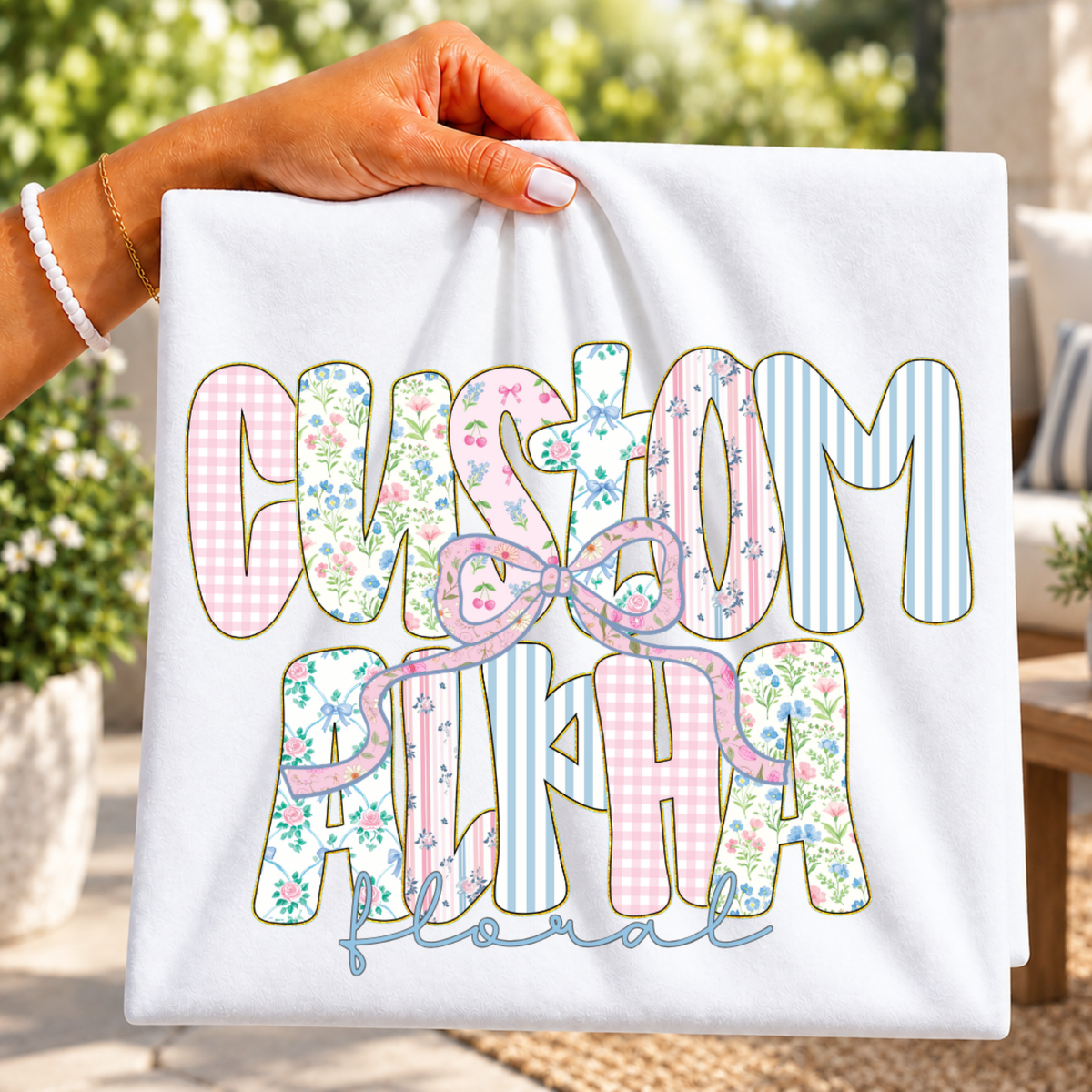 Pink & Blue Floral Bow Alpha Full Color DTF Transfer