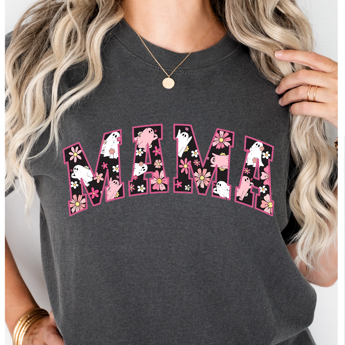 Mama Mini Pink/White Ghost Pattern  Full Color DTF Transfer