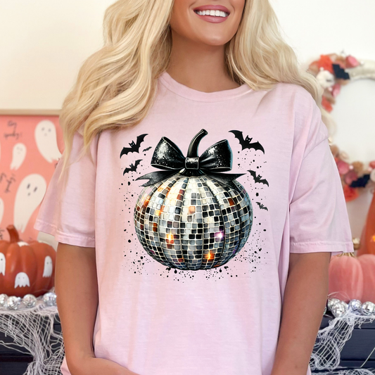 Disco Ball Pumpkin w/Black Bow & Bats Full Color DTF Transfer