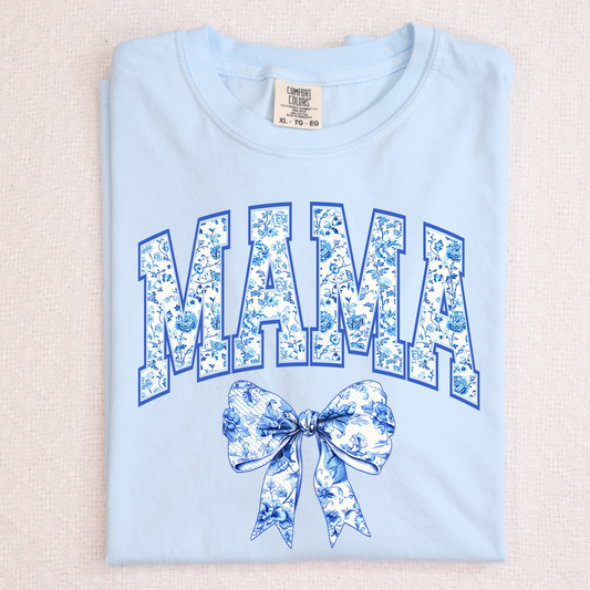 Mama (Blue Floral) w/Bow Full Color DTF Transfer