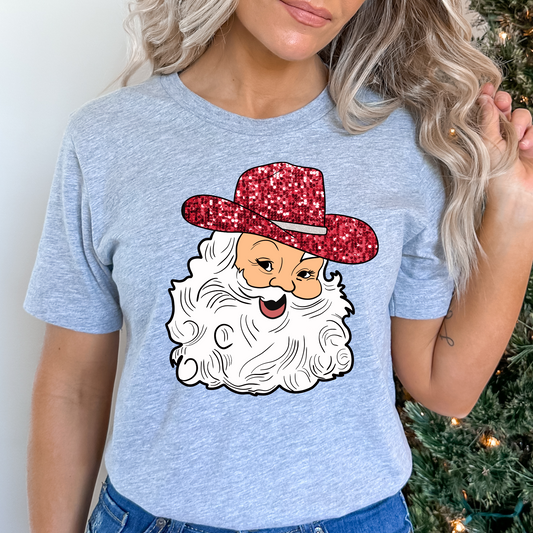 Santa w/ Faux Glitter Cowboy Hat Full Color DTF Transfer