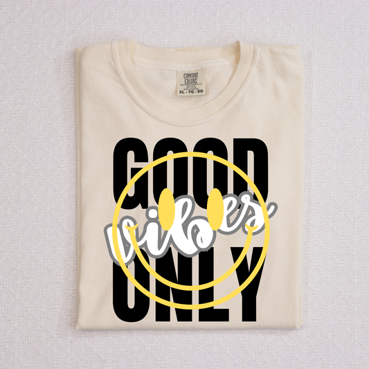 Good Vibes Only Yellow Smiley Full Color DTF Transfer