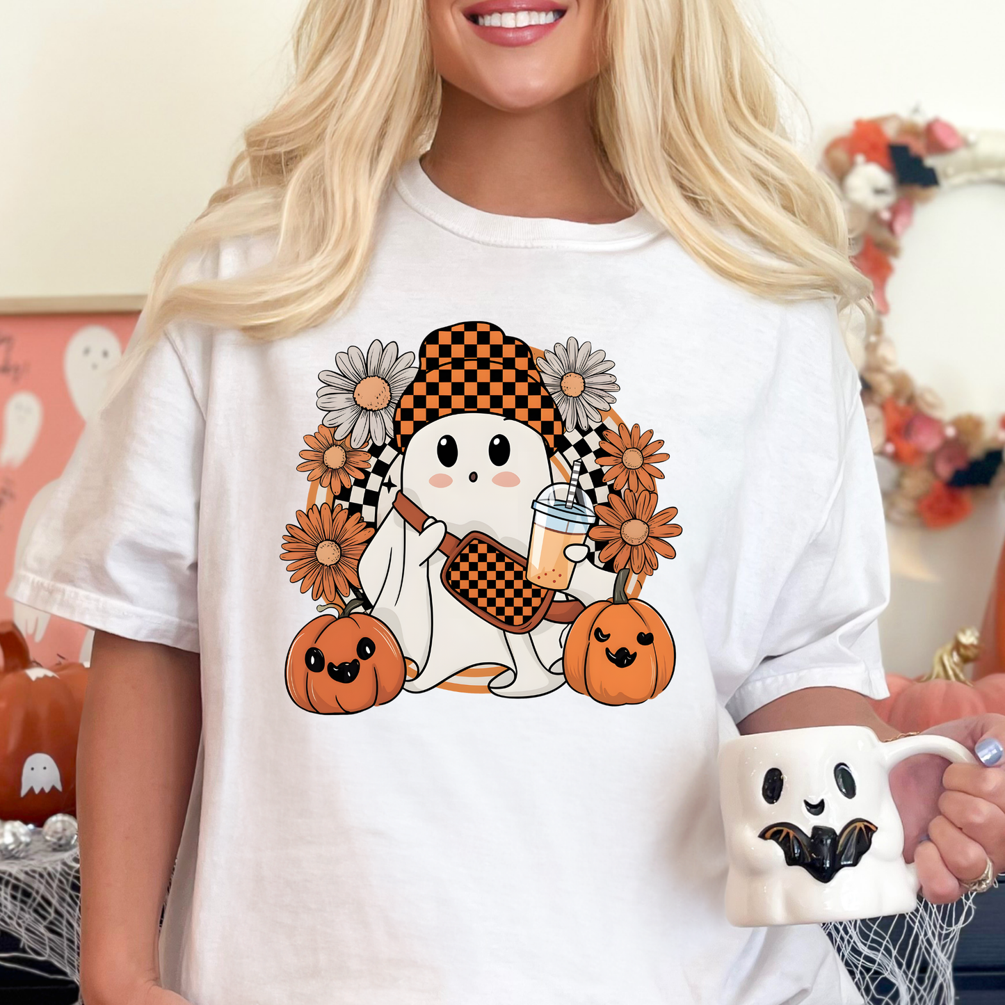 Fall Ghost w/ Checkered Hat and Crossbody Full Color DTF Transfer