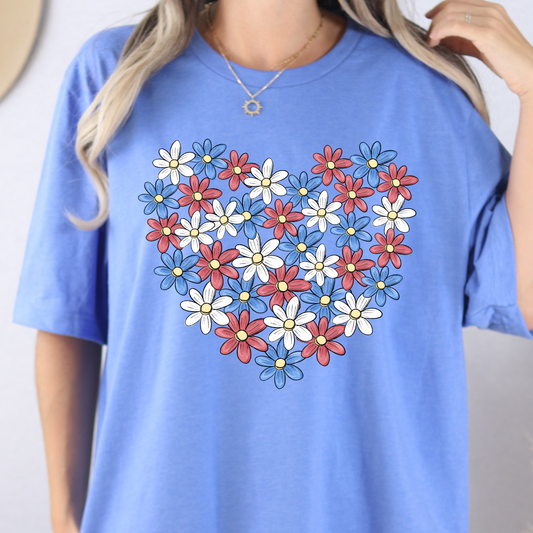 Red White and Blue Floral Heart Full Color DTF Transfer