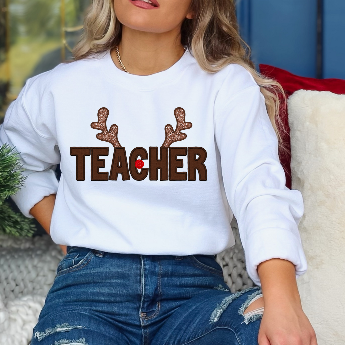 Teacher (Faux Glitter Reindeer Antlers and Faux Embroidery) Full Color DTF Transfer