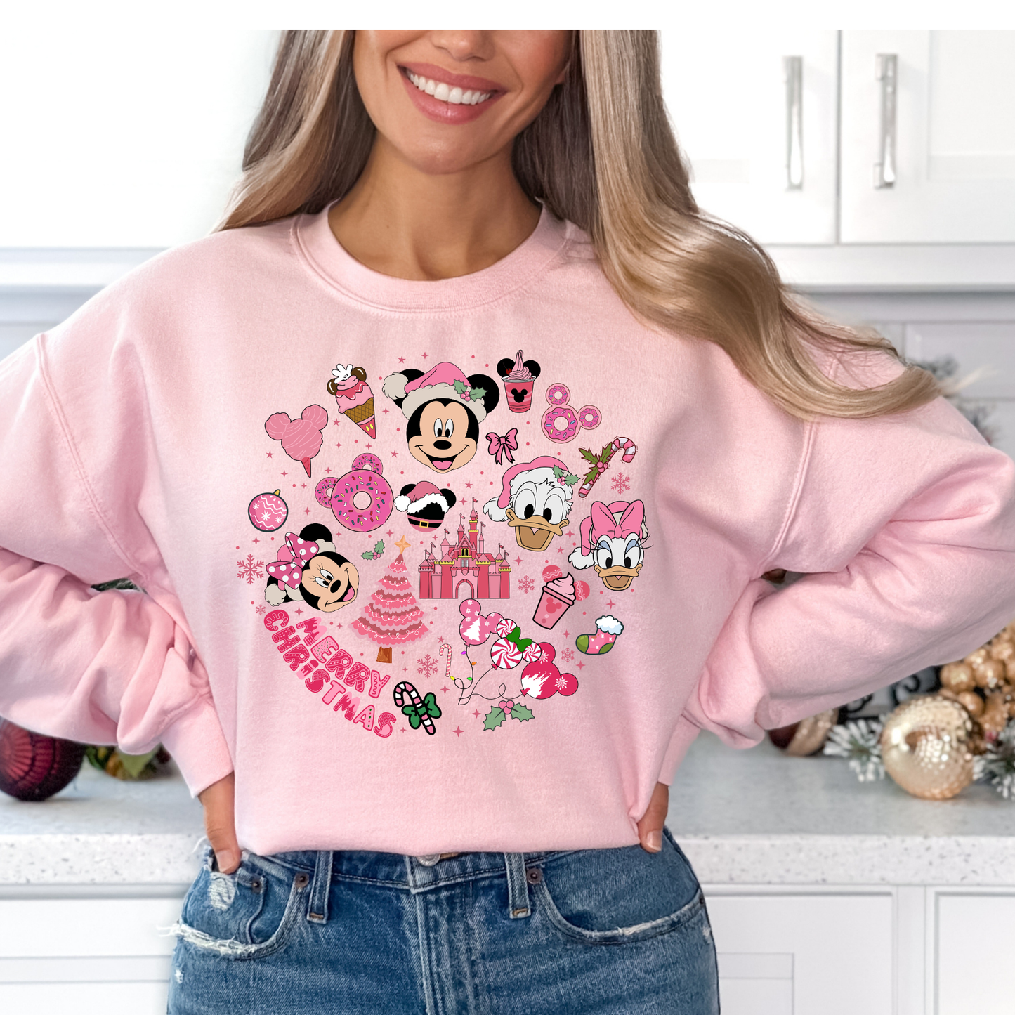 Merry Christmas Pink These Mickey and Friends (Circle) Full Color DTF Transfer