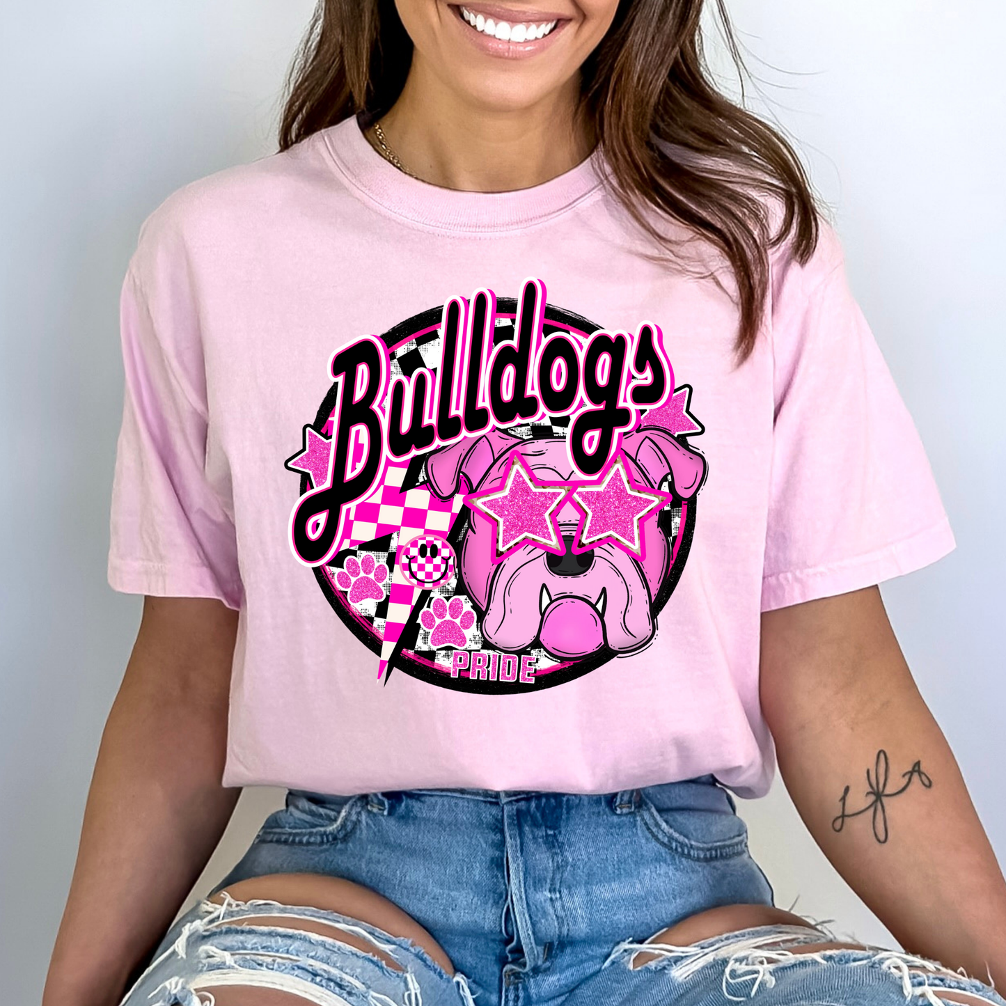 Pink Bulldogs (Checkered Circle) Full Color DTF Transfer