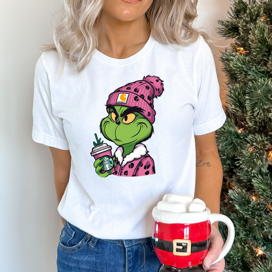 Grinch w/ Beanie and Coffee (Pink Leopard) Full Color DTF Transfer