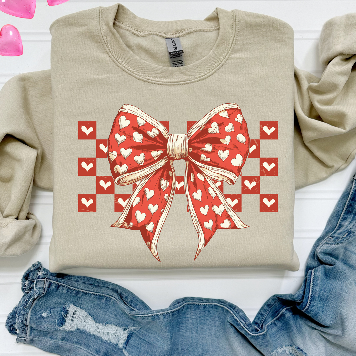 Bow w/Heart Checkered Background Full Color DTF Transfer